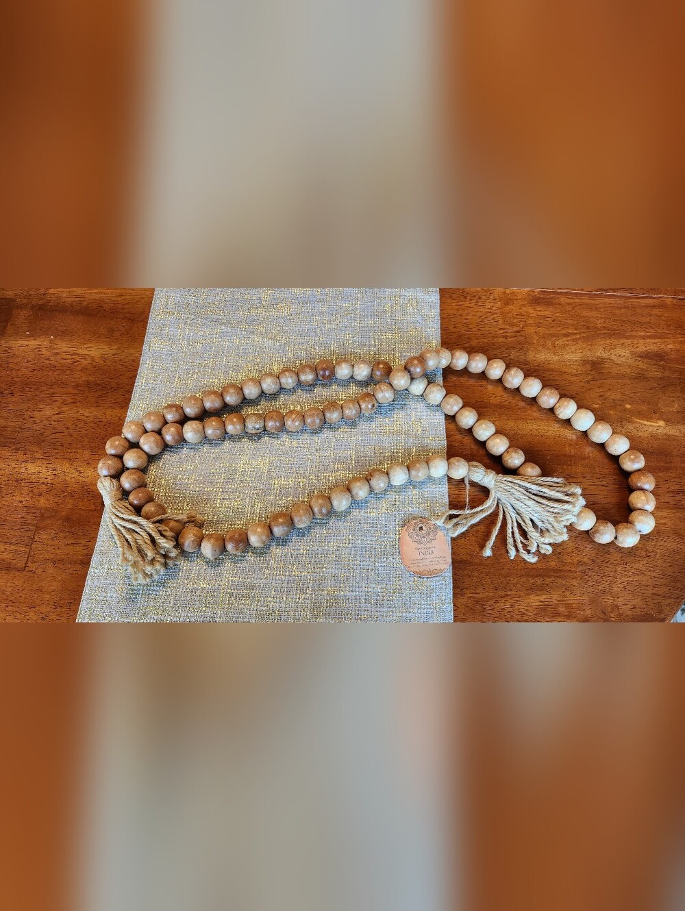 Natural Wood Beaded Garland with Tassels - Beige Brown